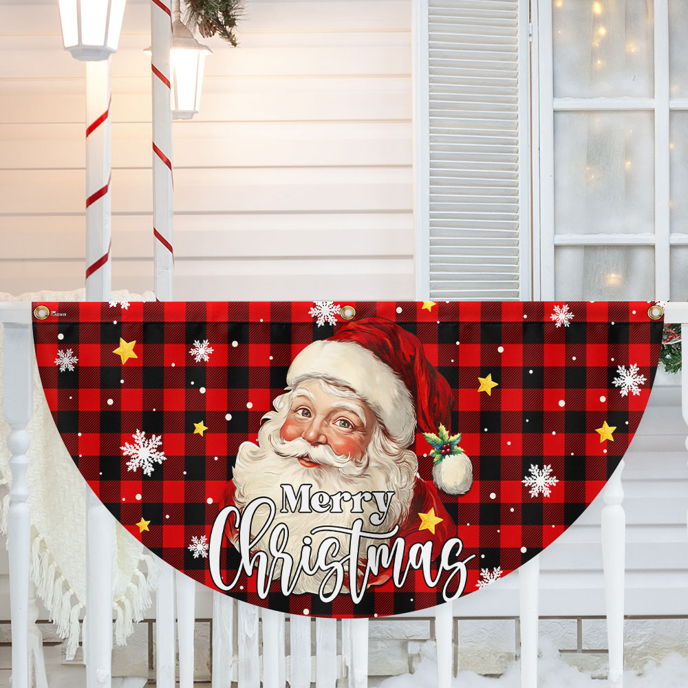 Santa Claus Merry Christmas Plaid Non Pleated Fan Flag - Liberish