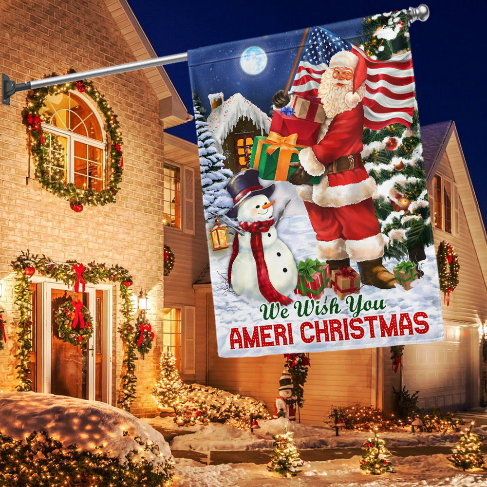 Santa Claus Snowman American Christmas We Wish You Ameri Christmas Flag - Liberish