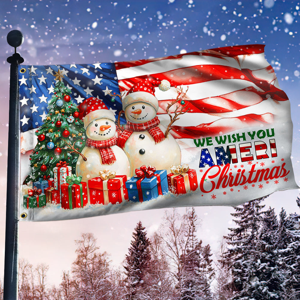 Snowman We Wish You Ameri Christmas Grommet Flag - Liberish