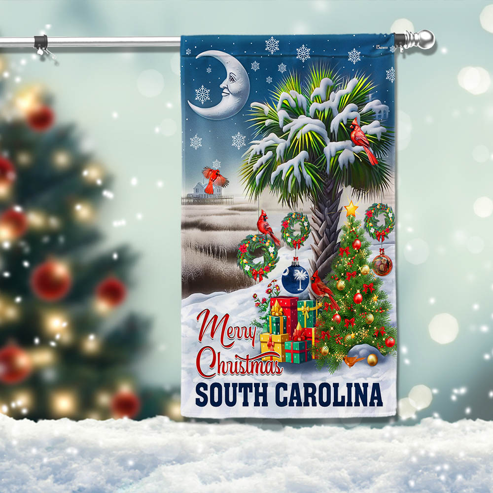 South Carolina Merry Christmas Palm Tree Cardinal Winter Christmas In South Carolina Flag - Liberish