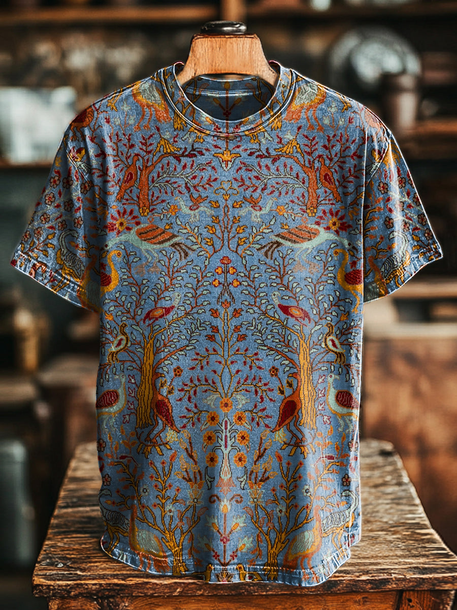 Vintage Symmetrical Animal Floral Print Casual Short Sleeve T-Shirt