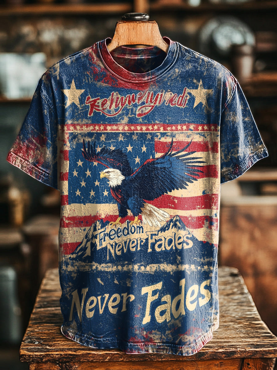 Vintage Independence Day Aged Flag Print Casual Short Sleeve T-Shirt
