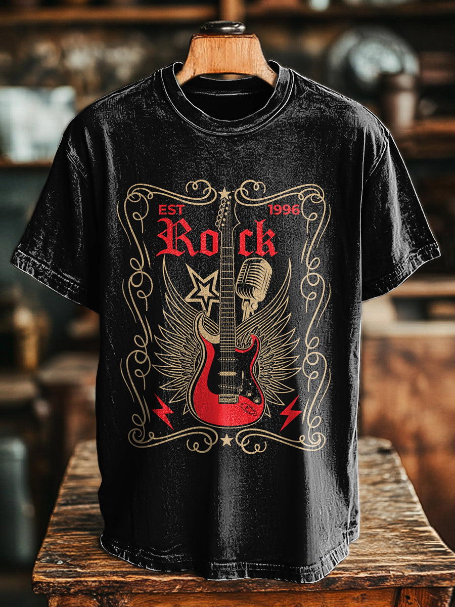Vintage Rock Guitar Art Print Casual Short Sleeve T-Shirt
