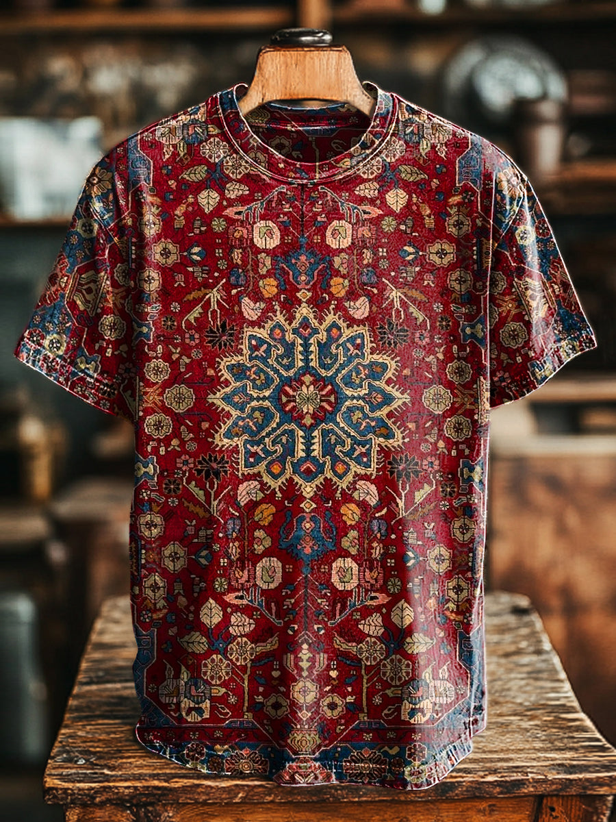 Vintage Ethnic Geometric Floral Art Print Casual Short Sleeve T-Shirt