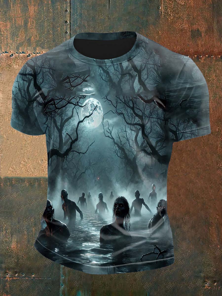 Retro Walking Dead Dark Zombie Moon Forest Abstract Print Casual Cotton Short Sleeve T-Shirt