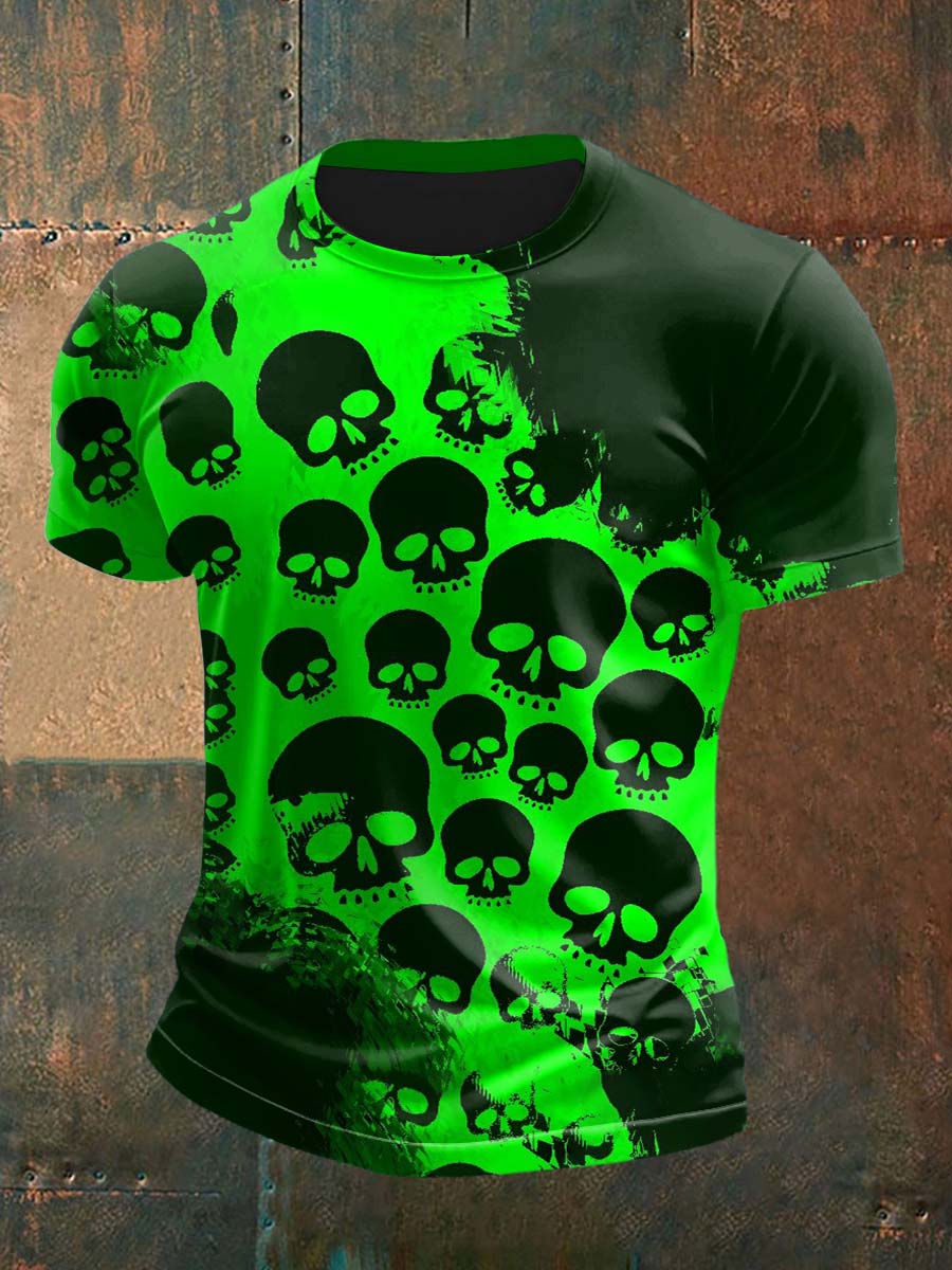 Retro Green Music Festival Fluorescent Skull Abstract Print Casual Cotton Short Sleeve T-Shirt
