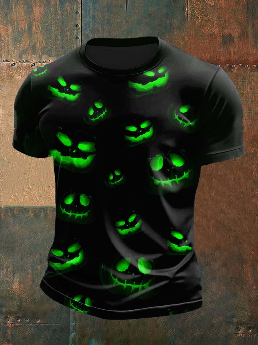 Retro Green Music Festival Halloween Smiley Green Abstract Print Casual Cotton Short Sleeve T-Shirt