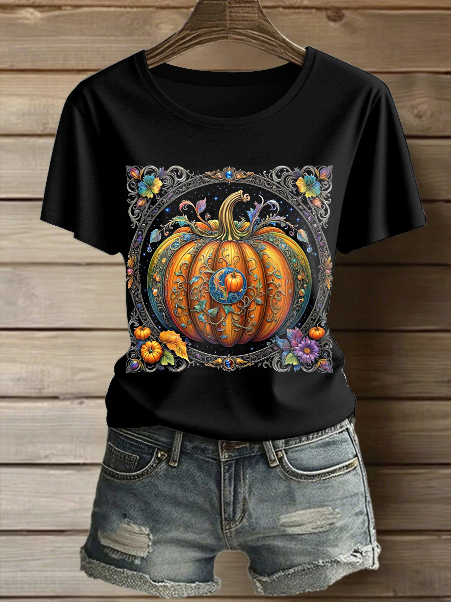 Women's Folk Art Pumpkin Printed Vintage Fashion Loose Short Sleeve T-Shirt
