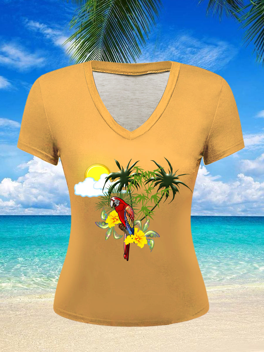Women's Vintage Jimmy Buffett's Parrot Tropical Beach Printed Vintage Fashion Loose V-Neck Short Sleeve T-Shirt