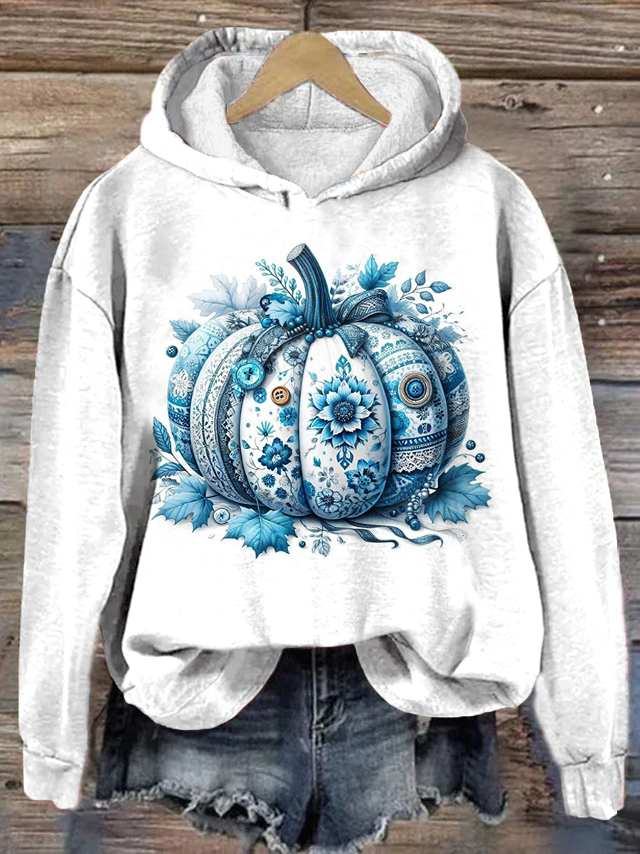 Women's Pumpkin Art Printed Long Sleeved Hooded Sweatshirt