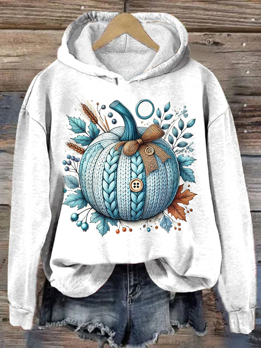 Women's Pumpkin Art Printed Long Sleeved Hooded Sweatshirt