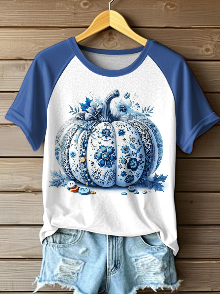 Women's Pumpkin Art Printed Vintage Fashion Loose Short Sleeve T-Shirt