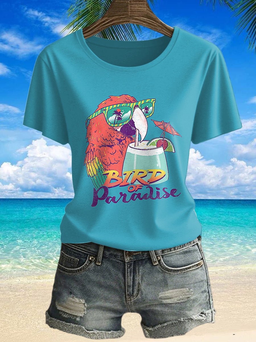 Women's Vintage Jimmy Buffett's Parrot Tropical Beach Printed Vintage Fashion Loose Short Sleeve T-Shirt