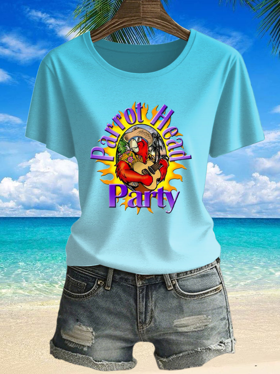 Women's Vintage Jimmy Buffett's Parrot Tropical Beach Printed Vintage Fashion Loose Short Sleeve T-Shirt