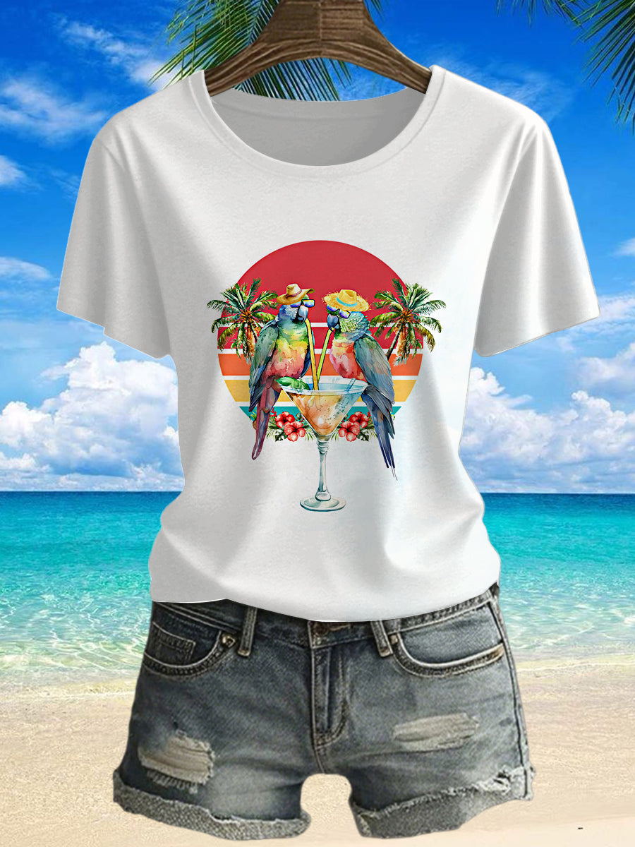 Women's Vintage Jimmy Buffett's Parrot Tropical Beach Printed Vintage Fashion Loose Short Sleeve T-Shirt