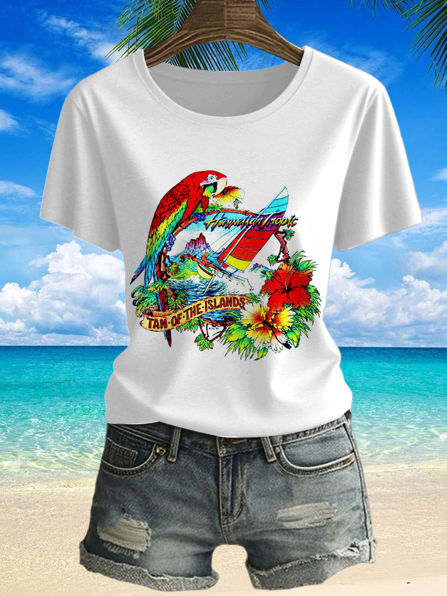 Vintage Jimmy Buffett's Parrot Tropical Beach Printed Vintage Fashion Loose Short Sleeve T-Shirt