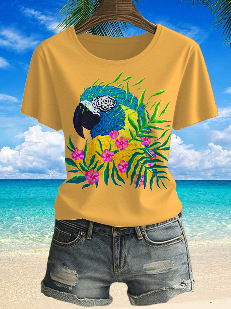 Women's Vintage Jimmy Buffett's Parrot Tropical Beach Printed Vintage Fashion Loose Short Sleeve T-Shirt