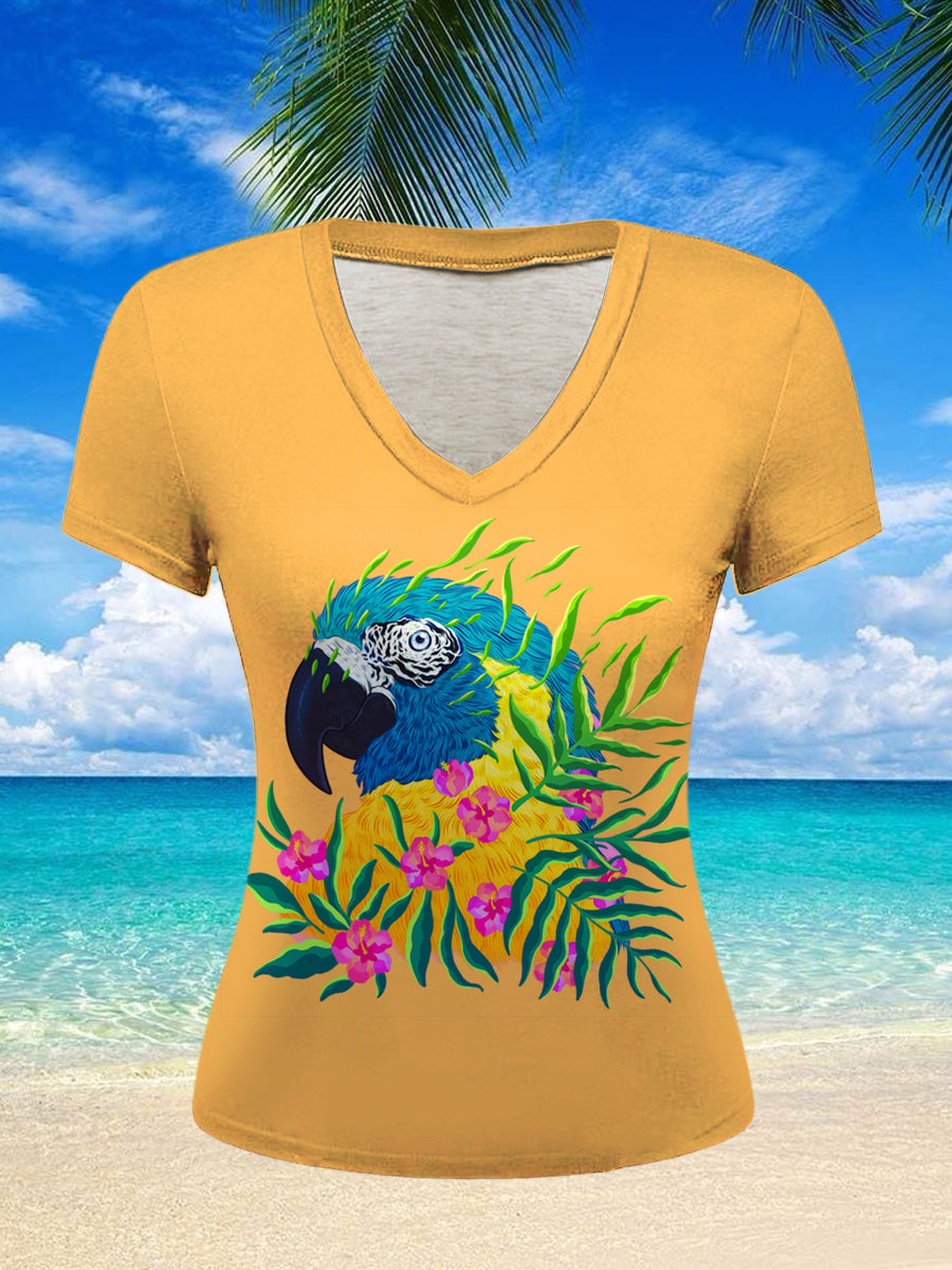 Women's Vintage Jimmy Buffett's Parrot Tropical Beach Printed Vintage Fashion Loose V-Neck Short Sleeve T-Shirt