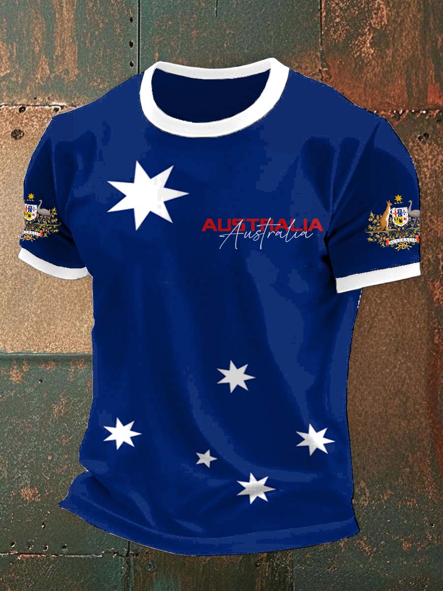 Vintage Australian Flag Badge Print Casual Cotton Short Sleeve T-Shirt