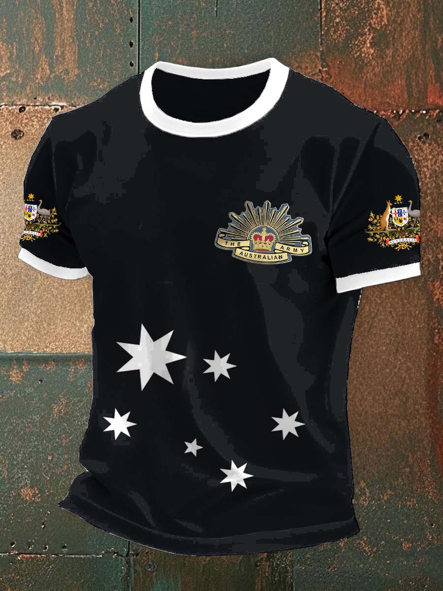 Vintage Australian Flag Badge Print Casual Cotton Short Sleeve T-Shirt