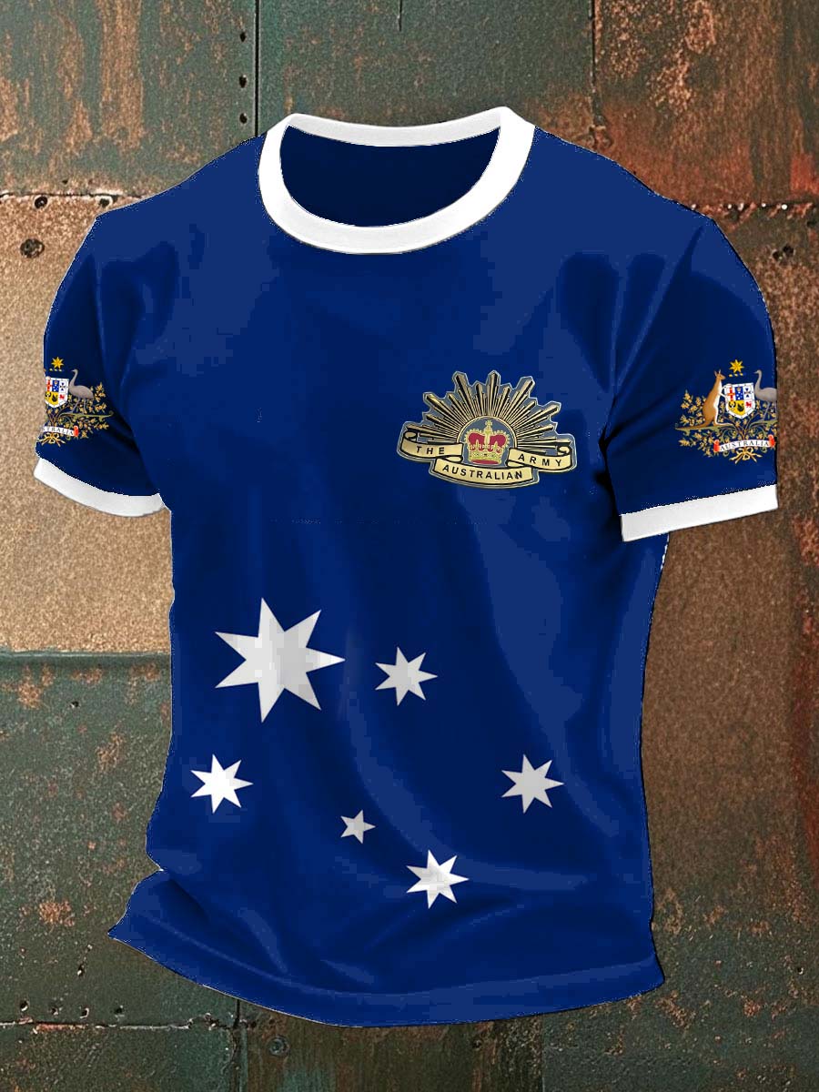 Vintage Australian Flag Badge Print Casual Cotton Short Sleeve T-Shirt
