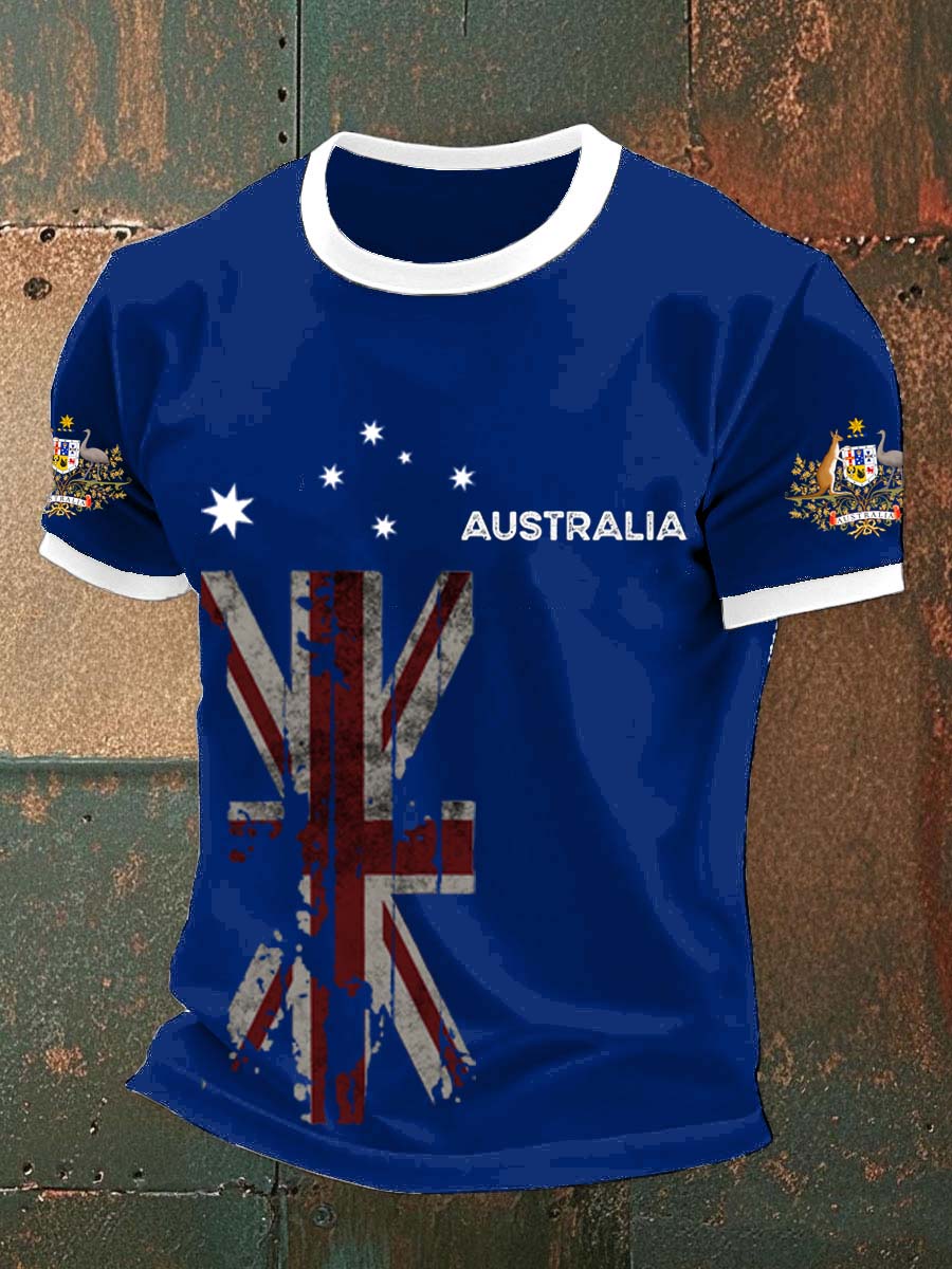 Vintage Australian Flag Badge Print Casual Cotton Short Sleeve T-Shirt