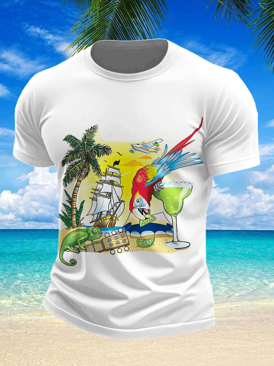 Men's Jimmy Buffett's Parrot Tropical Beach Printed Vintage Fashion Loose Short Sleeve T-Shirt