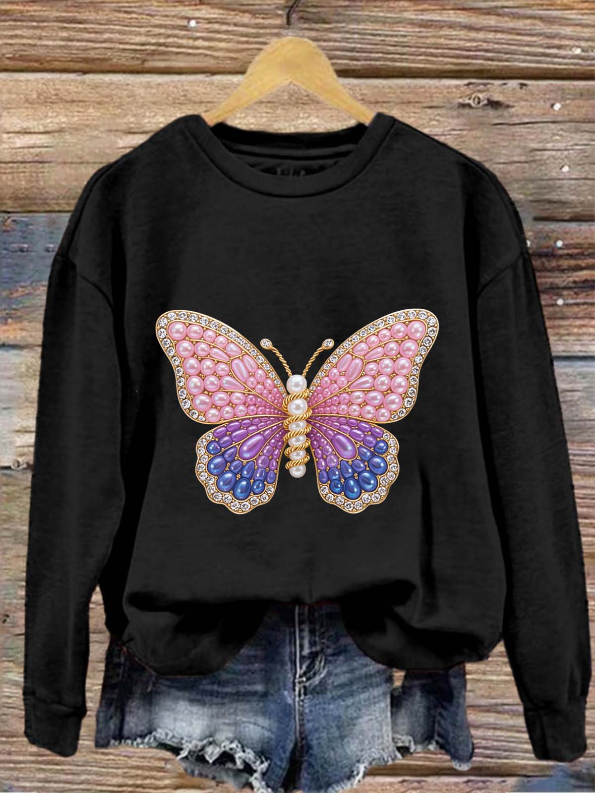 Vintage Butterfly Colorful Pearls Printed Crew-Neck Retro Fashion Loose Long Sleeved Sweatshirt