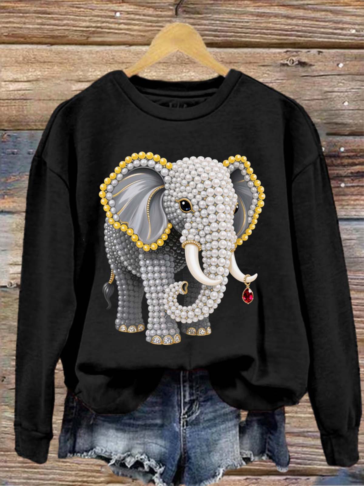 Vintage Elephant Colorful Pearls Printed Crew-Neck Retro Fashion Loose Long Sleeved Sweatshirt