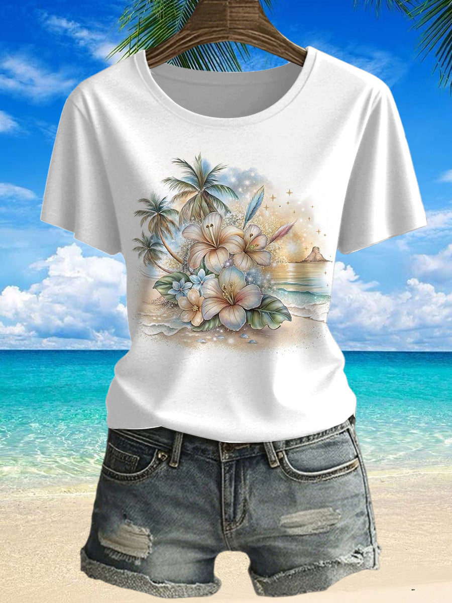 Women's Tropical Beach Printed Vintage Fashion Loose Short Sleeve T-Shirt