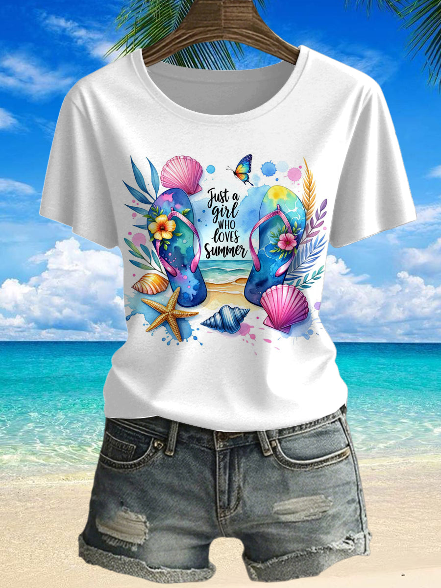 Women's Tropical Beach Flip Flops Printed Vintage Fashion Loose Short Sleeve T-Shirt