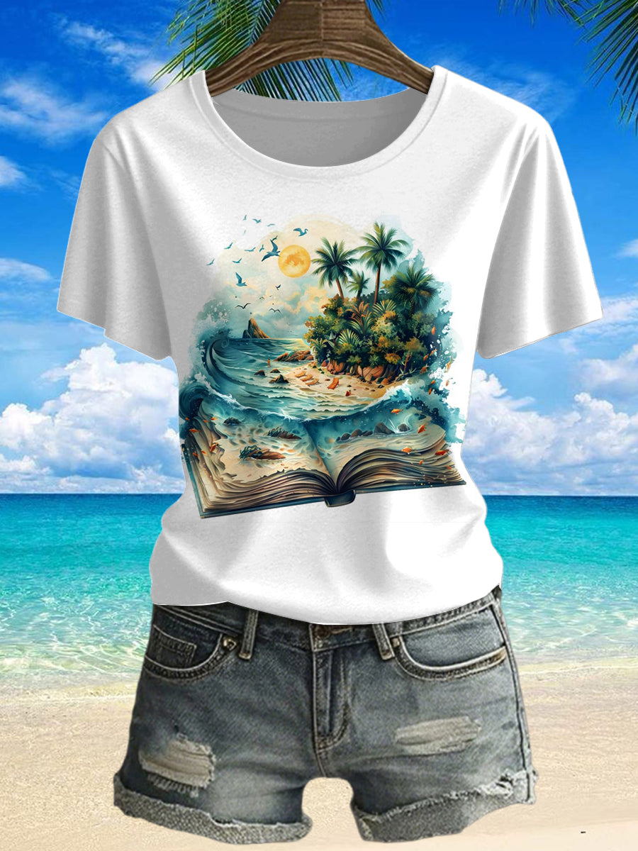 Women's Tropical Beach Printed Vintage Fashion Loose Short Sleeve T-Shirt