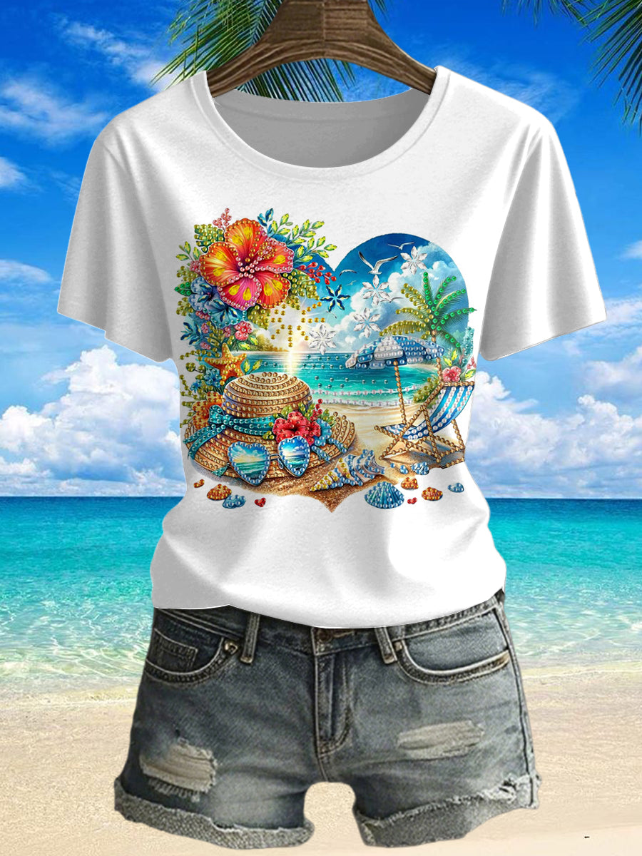 Women's Tropical Beach Printed Vintage Fashion Loose Short Sleeve T-Shirt