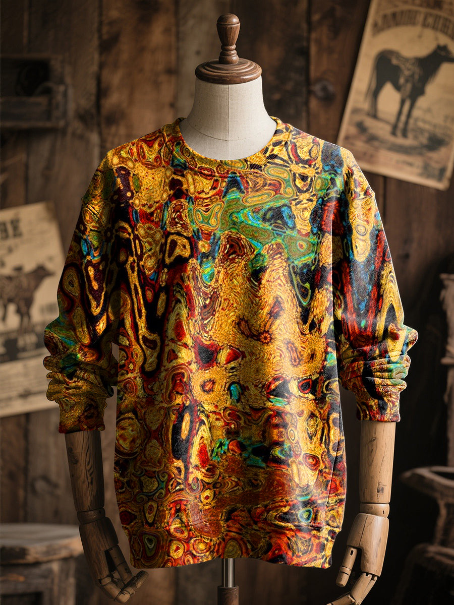 Retro Art Wavy Abstract Print Casual Pullover