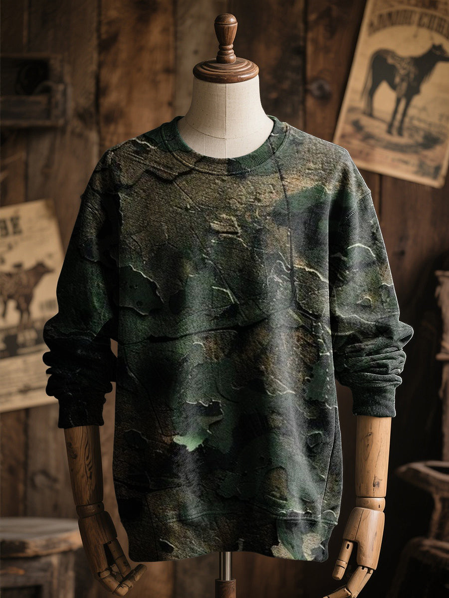 Retro Camouflage Textured Print Casual Pullover