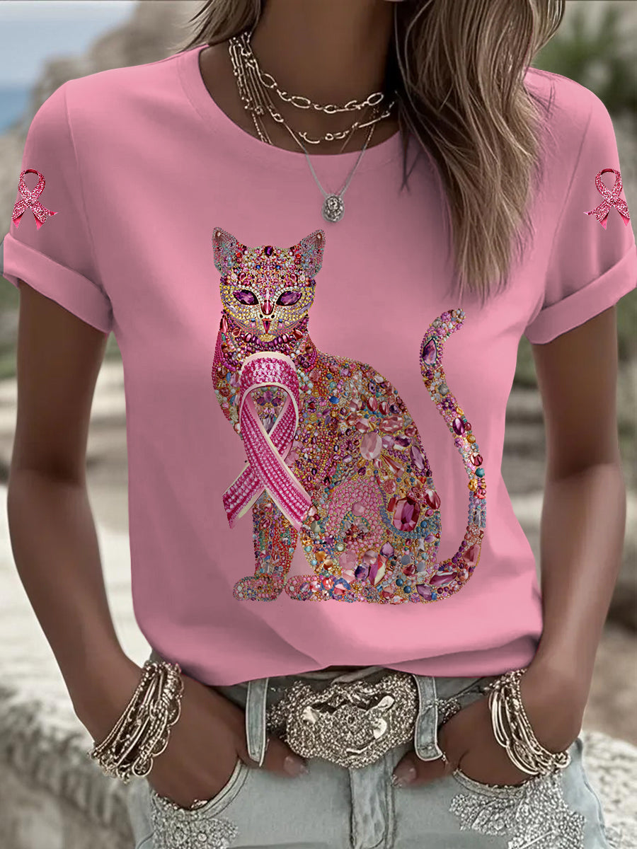 Women's Breast Cancer Cat Printed Vintage Fashion Loose Short Sleeve T-Shirt