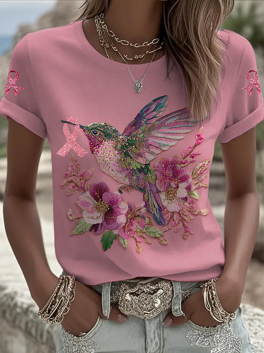 Women's Breast Cancer Hummingbird Printed Vintage Fashion Loose Short Sleeve T-Shirt