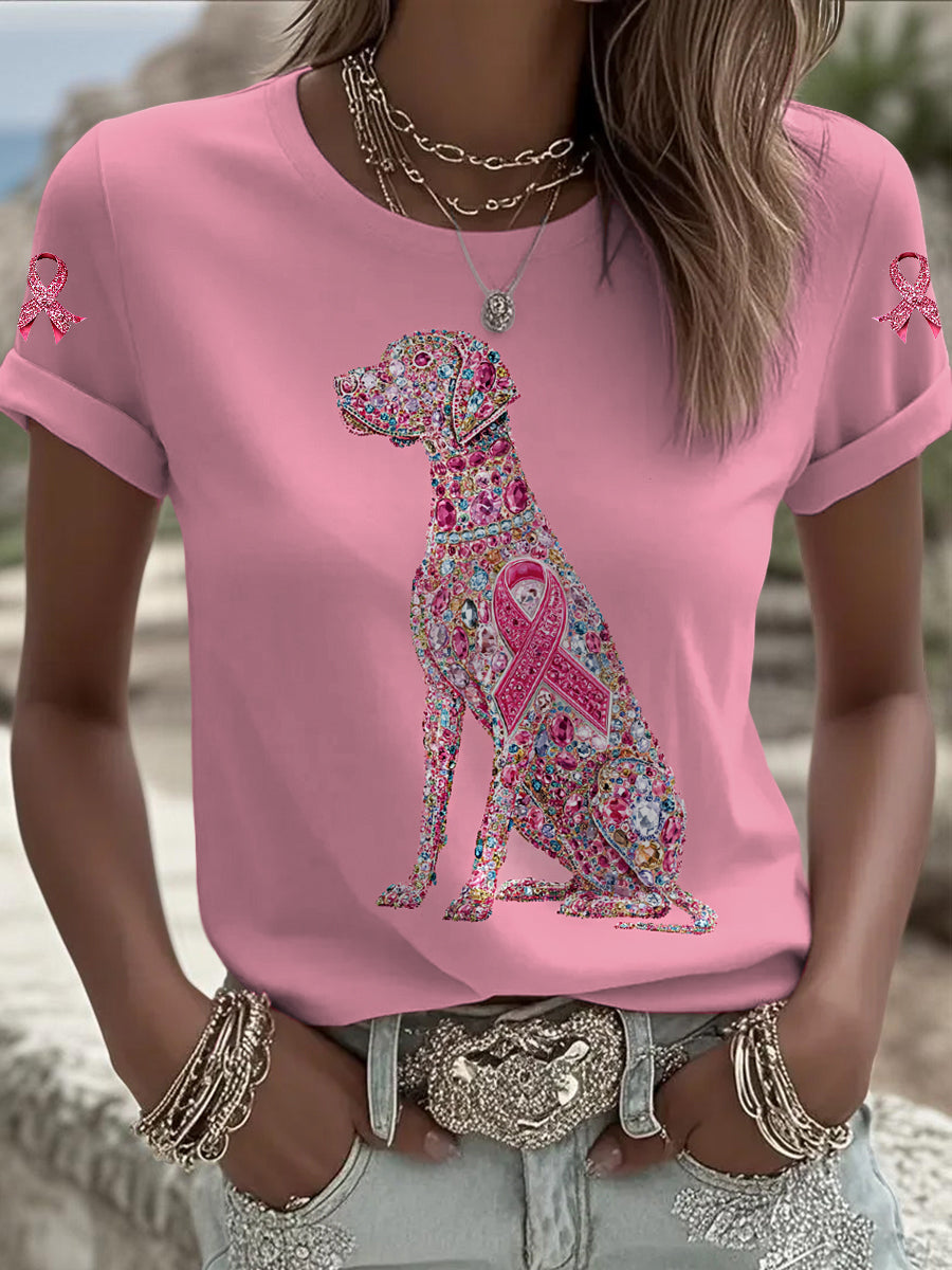 Women's Breast Cancer Dog Printed Vintage Fashion Loose Short Sleeve T-Shirt