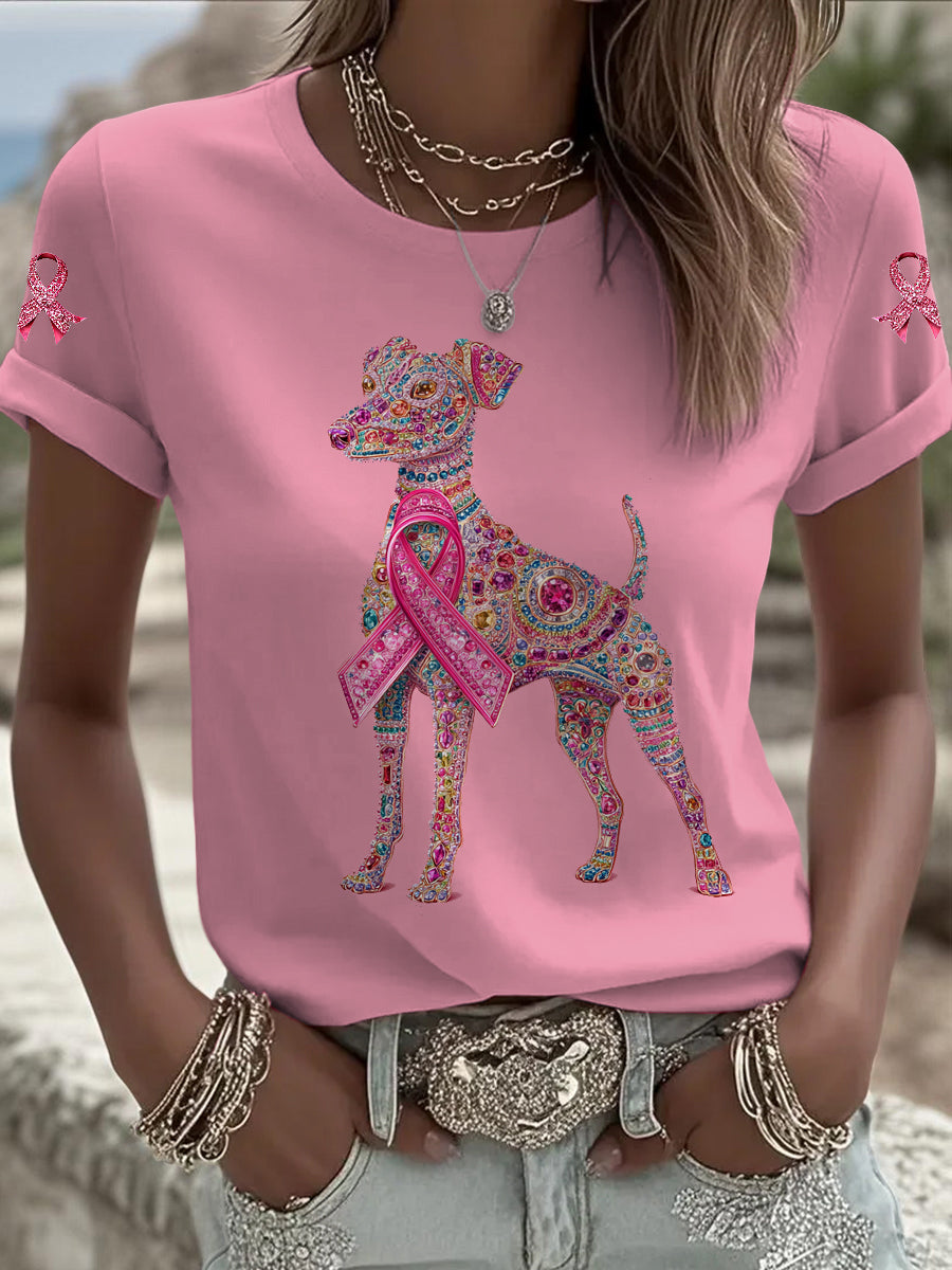 Women's Breast Cancer Dog Printed Vintage Fashion Loose Short Sleeve T-Shirt
