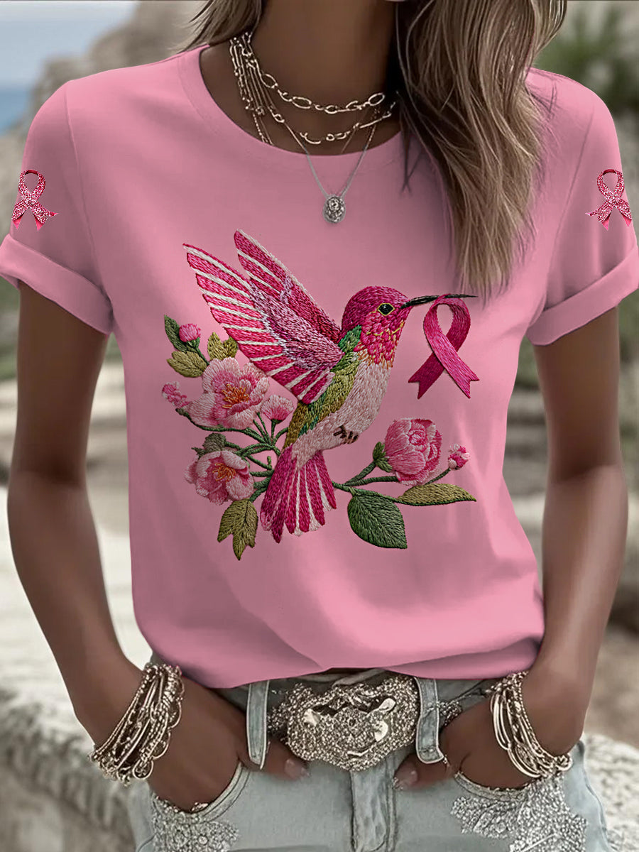 Women's Breast Cancer Bird Printed Vintage Fashion Loose Short Sleeve T-Shirt