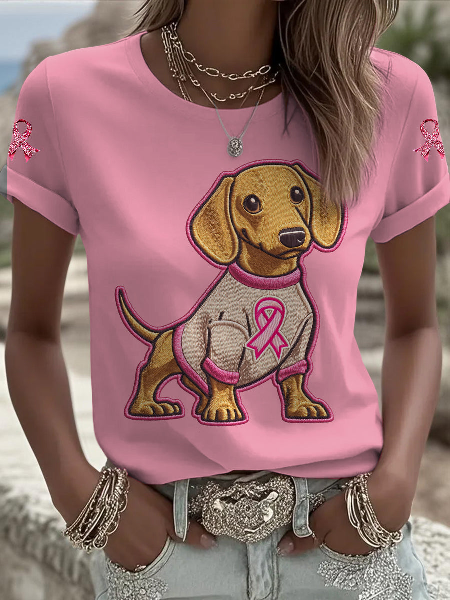 Women's Breast Cancer Dog Printed Vintage Fashion Loose Short Sleeve T-Shirt