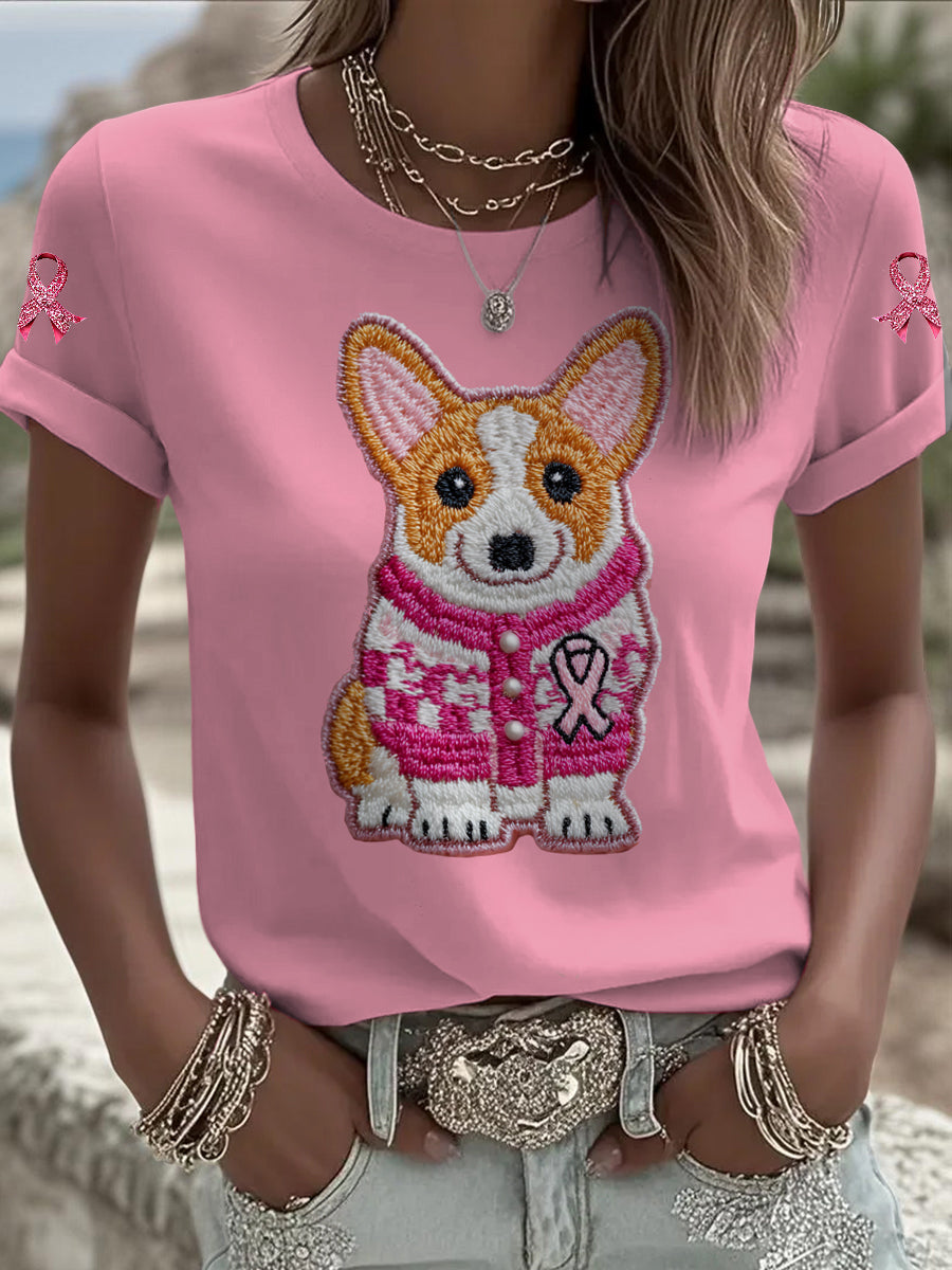 Women's Breast Cancer Dog Printed Vintage Fashion Loose Short Sleeve T-Shirt