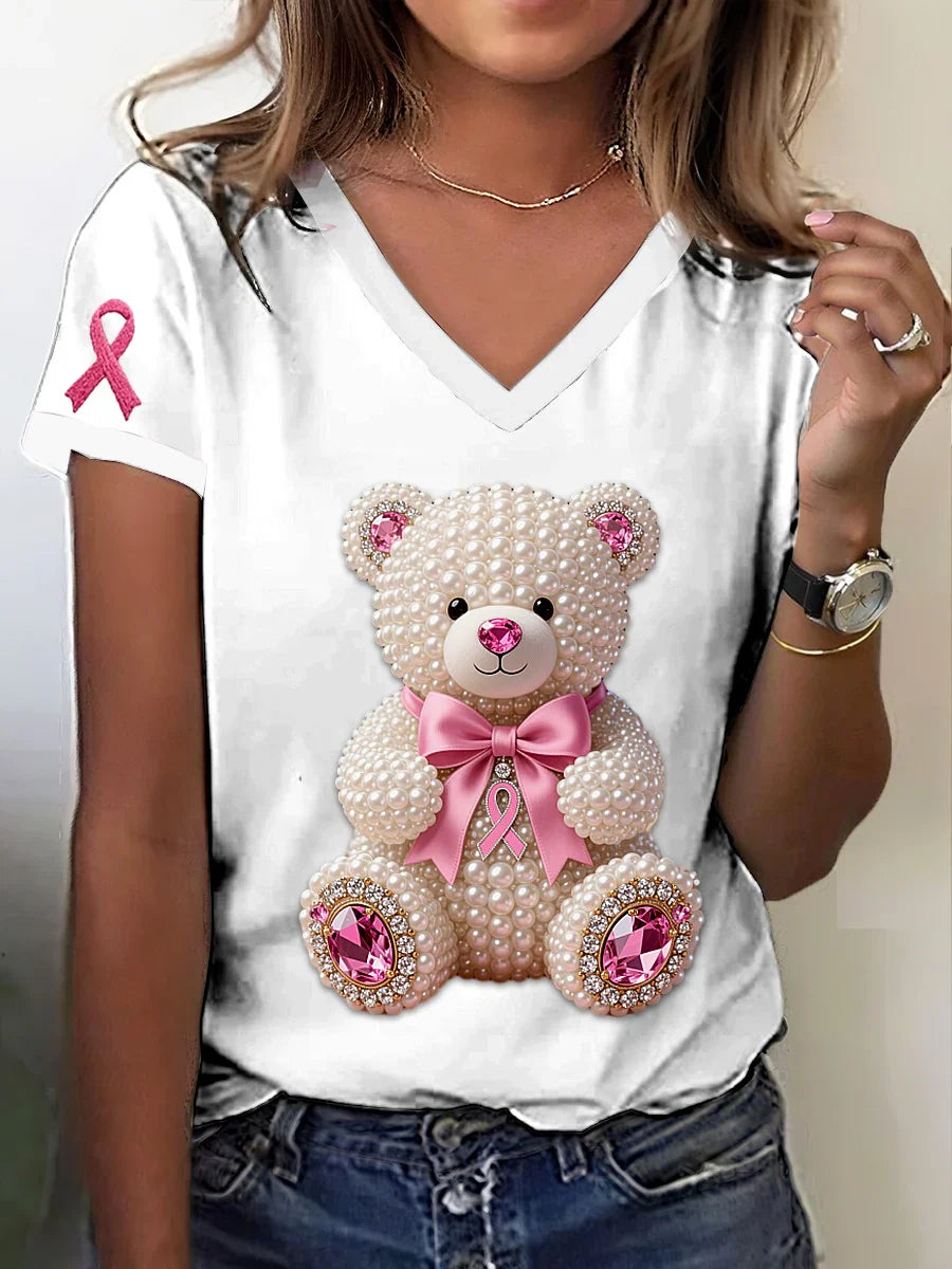 Retro Breast Cancer Pearl Diamond Cute Bear Print V-Neck Short Sleeve T-Shirt