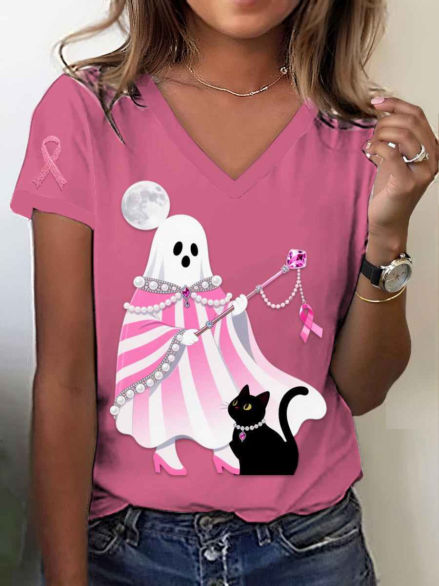 Retro Breast Cancer Halloween Ghost Black Cat Jewelry Print V-Neck Short Sleeve T-Shirt