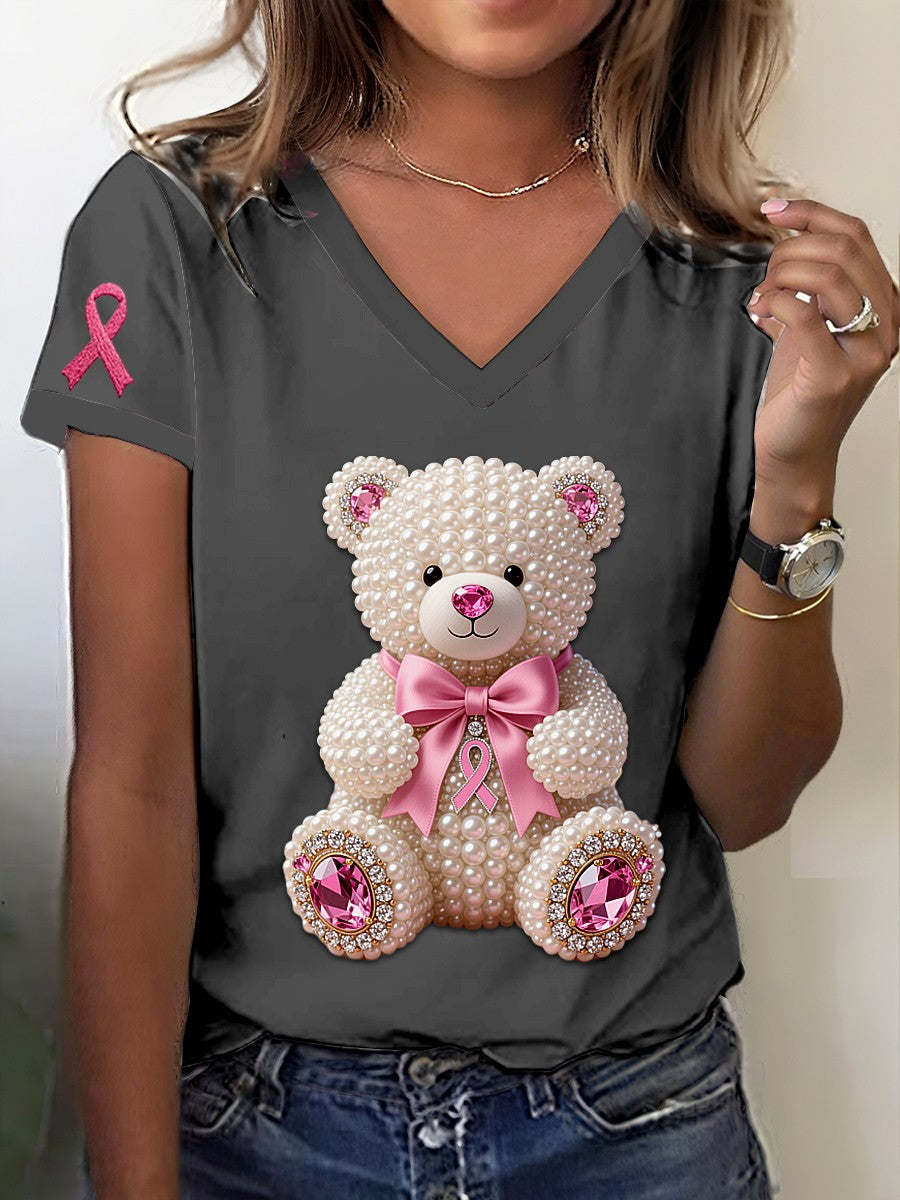 Retro Breast Cancer Awareness Cute Pearl Bear Print V-Neck Short Sleeve T-Shirt