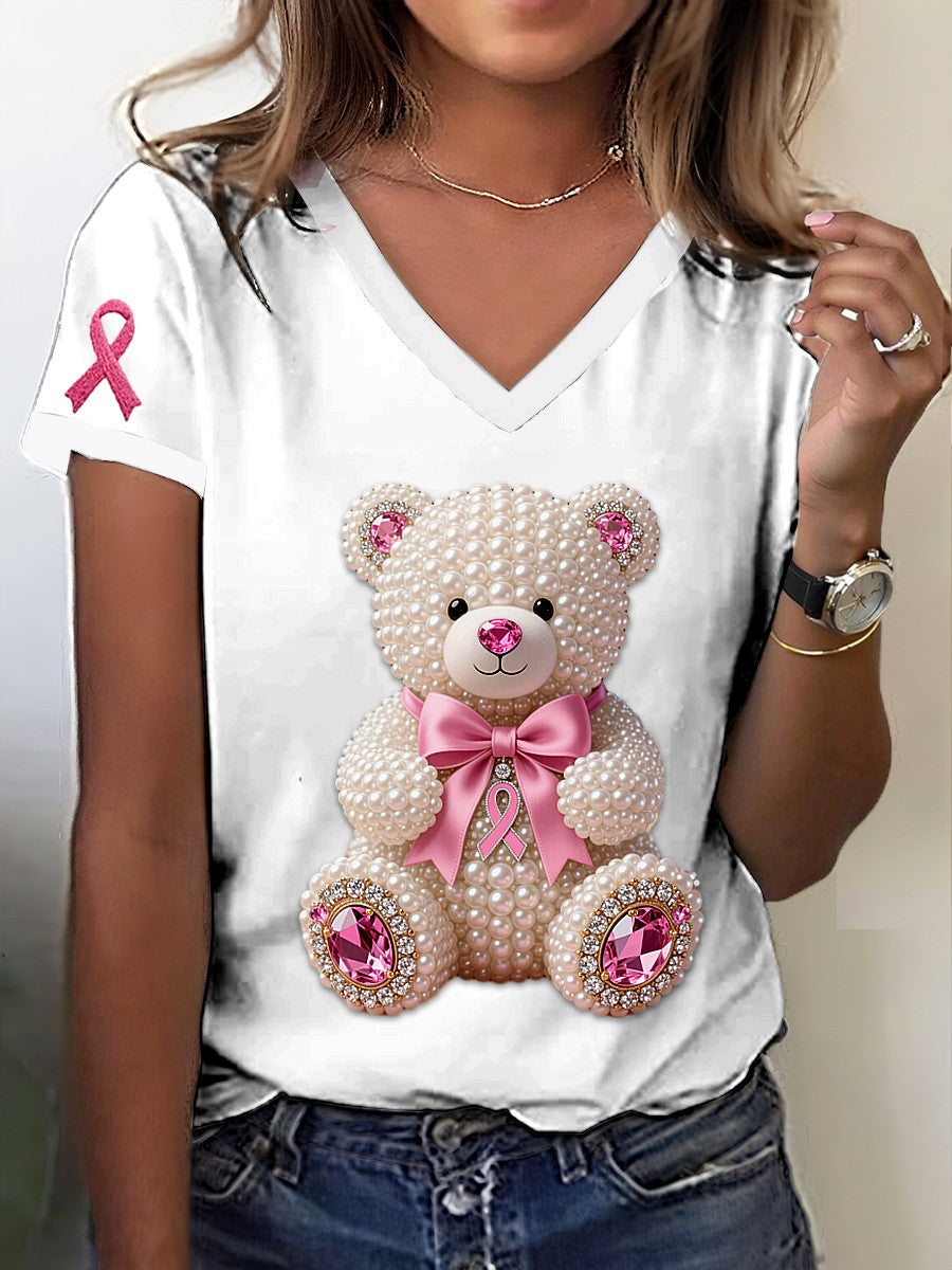 Retro Breast Cancer Awareness Cute Pearl Bear Print V-Neck Short Sleeve T-Shirt