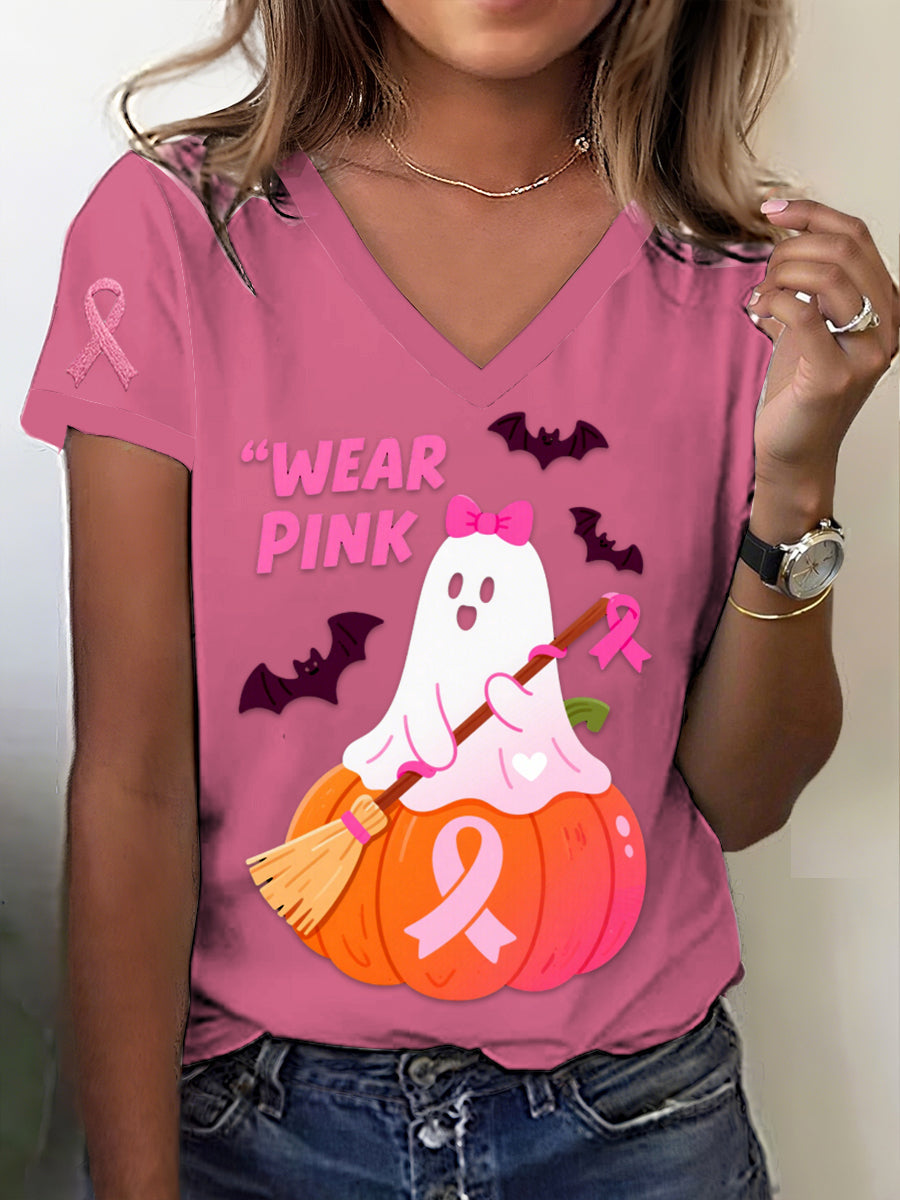 Retro Breast Cancer Halloween Ghost Print V-Neck Short Sleeve T-Shirt