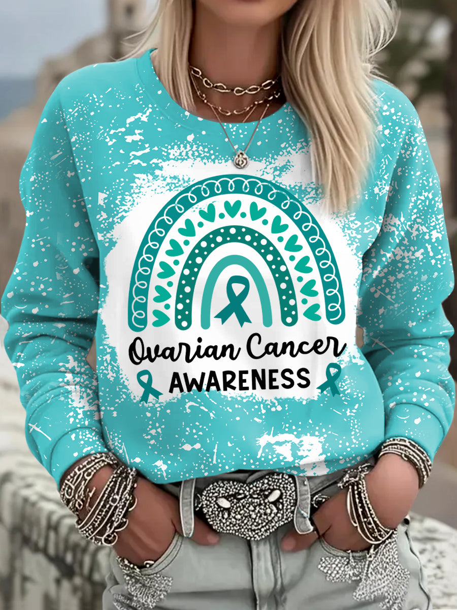 Women's Teal Ribbon Rainbow Print Ovarian Cancer Awareness Sweatshirt