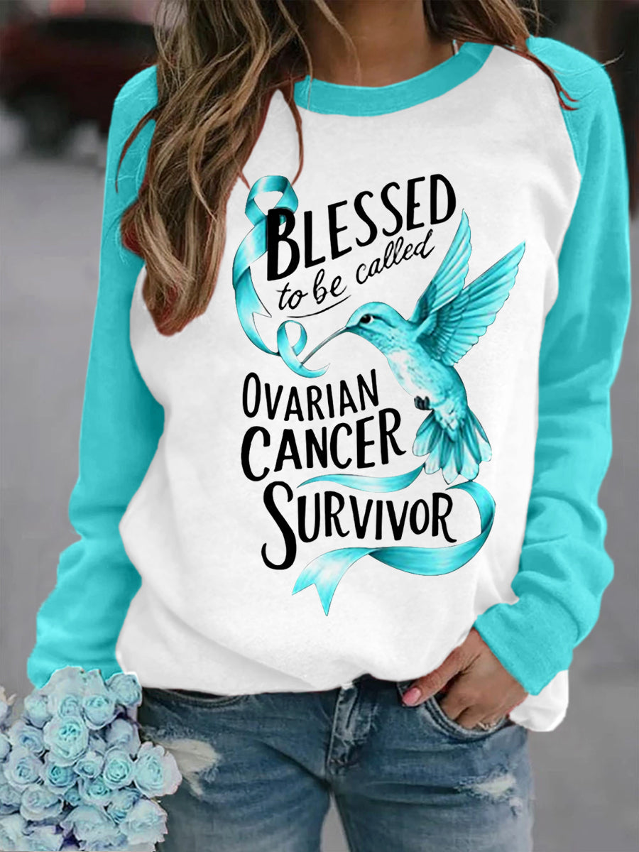 Women's Teal Ribbon Hummingbird Print Ovarian Cancer Awareness Sweatshirt