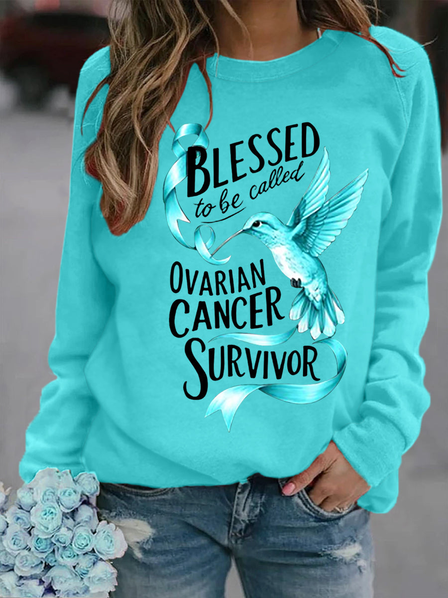 Women's Teal Ribbon Hummingbird Print Ovarian Cancer Awareness Sweatshirt